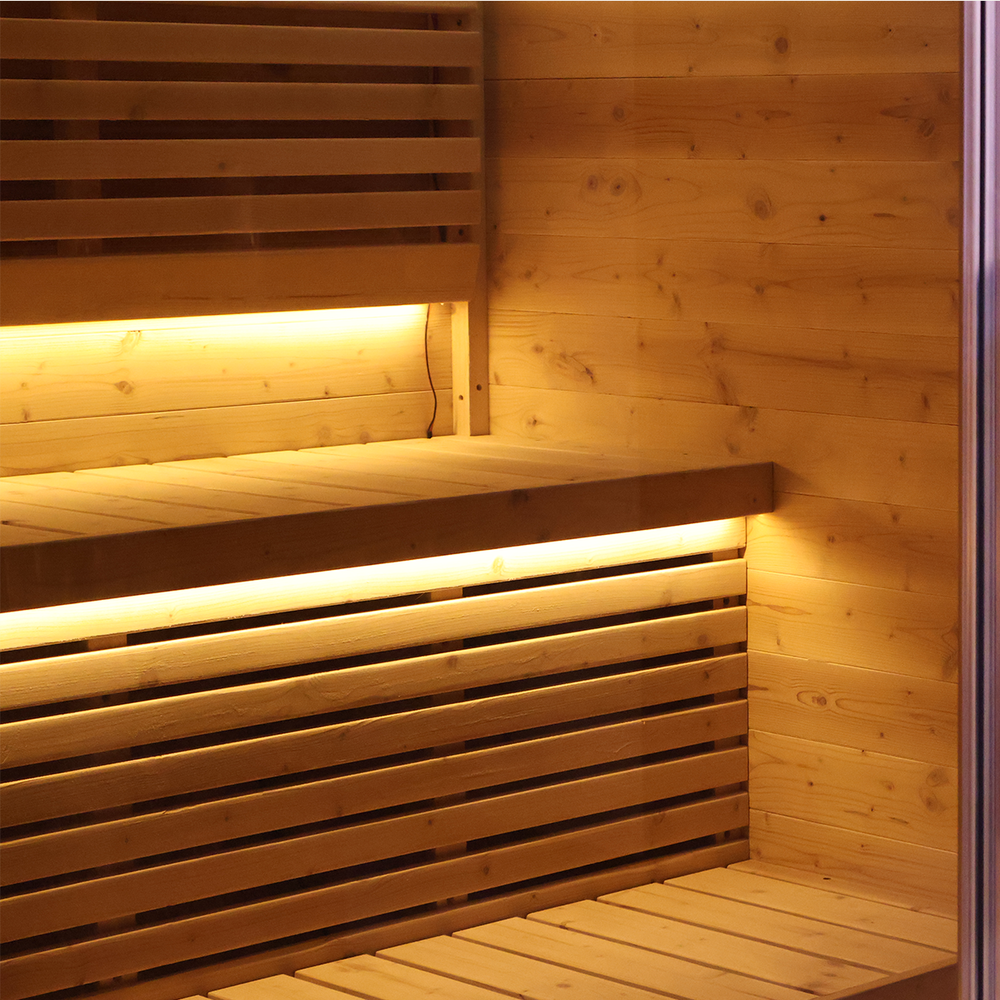 Detaljbilde av benk og LED-lys